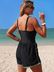 Emo - Women's Colorblock Sporty Tummy Control One Piece Bathing Suit with Shorts Pockets
