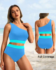 Emo - One Shoulder High Waisted Bikini Sets Two Piece Swimsuit Tummy Control-Pink