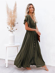 Women Beach Cover Up Dress V Neck Button Drawstring Short Sleeve Dress