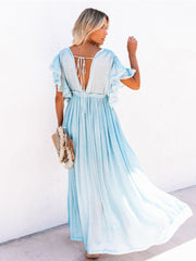 Women Beach Cover Up Dress V Neck Button Drawstring Short Sleeve Dress
