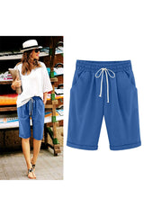 Emo - Women's Elastic Waist Knee Length Casual Cotton Bermuda Shorts with Drawstring
