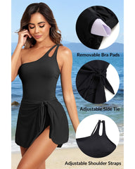 Emo - One Shoulder One Piece Swim Dress for Women Tummy Control Swimsuit with Skirt