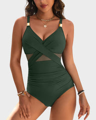 Emo - Metallic Accent Mesh Panel One Piece Swimsuit