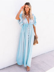 Women Beach Cover Up Dress V Neck Button Drawstring Short Sleeve Dress