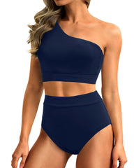 Emo - One Shoulder High Waisted Bikini Sets Two Piece Swimsuit Tummy Control-Pink