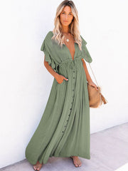 Women Beach Cover Up Dress V Neck Button Drawstring Short Sleeve Dress