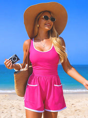 Emo - Women's Colorblock Sporty Tummy Control One Piece Bathing Suit with Shorts Pockets