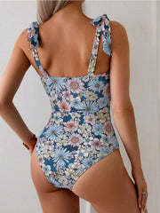 Emo - Women's One Piece Swimsuits Tummy Control Bathing Suits V Neck Boho Tie Shoulder Ruched Full