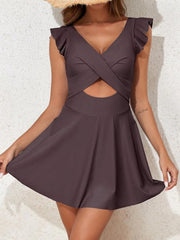 Emo - Women's One Piece Swimsuit Ruffle Cutout Swimdress Tummy Control V Neck Wrap Swimwear