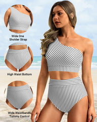 Emo - One Shoulder High Waisted Bikini Sets Two Piece Swimsuit Tummy Control-Pink