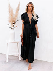 Women Beach Cover Up Dress V Neck Button Drawstring Short Sleeve Dress