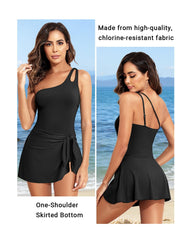 Emo - One Shoulder One Piece Swim Dress for Women Tummy Control Swimsuit with Skirt