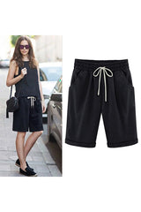 Emo - Women's Elastic Waist Knee Length Casual Cotton Bermuda Shorts with Drawstring