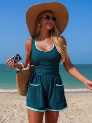 Emo - Women's Colorblock Sporty Tummy Control One Piece Bathing Suit with Shorts Pockets