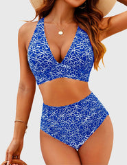 Emo - Women Embroidery Print High Waisted Bikini Sets V Neck Tummy Control Bathing Suit Two Piece Curvy Swimsuits