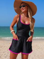 Emo - Women's Colorblock Sporty Tummy Control One Piece Bathing Suit with Shorts Pockets