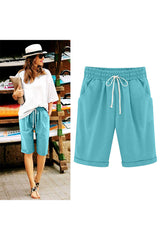 Emo - Women's Elastic Waist Knee Length Casual Cotton Bermuda Shorts with Drawstring