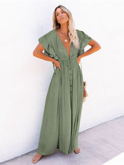 Women Beach Cover Up Dress V Neck Button Drawstring Short Sleeve Dress