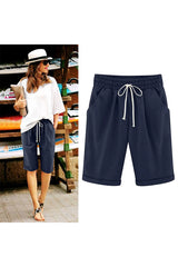 Emo - Women's Elastic Waist Knee Length Casual Cotton Bermuda Shorts with Drawstring