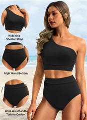 Emo - One Shoulder High Waisted Bikini Sets Two Piece Swimsuit Tummy Control-Pink