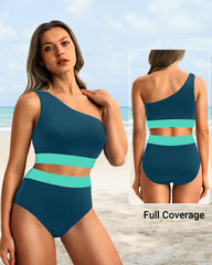 Emo - One Shoulder High Waisted Bikini Sets Two Piece Swimsuit Tummy Control-Pink
