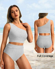 Emo - One Shoulder High Waisted Bikini Sets Two Piece Swimsuit Tummy Control-Pink
