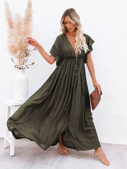 Women Beach Cover Up Dress V Neck Button Drawstring Short Sleeve Dress