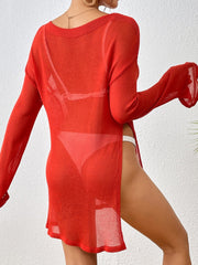 Women Side Slit Beach Cover Up Long Sleeve Loose Bikini Swim Cover Up Summer Vacation Top For Women