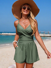 Women Swim Romper With Pocket Tummy Control One Piece Shorts Swimsuit
