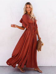 Women Beach Cover Up Dress V Neck Button Drawstring Short Sleeve Dress