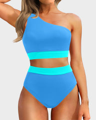Emo - One Shoulder High Waisted Bikini Sets Two Piece Swimsuit Tummy Control-Pink
