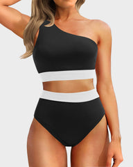 Emo - One Shoulder High Waisted Bikini Sets Two Piece Swimsuit Tummy Control-Pink