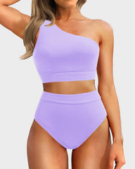 Emo - One Shoulder High Waisted Bikini Sets Two Piece Swimsuit Tummy Control-Pink