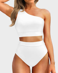 Emo - One Shoulder High Waisted Bikini Sets Two Piece Swimsuit Tummy Control-Pink