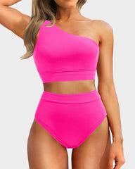 Emo - One Shoulder High Waisted Bikini Sets Two Piece Swimsuit Tummy Control-Pink