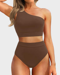 Emo - One Shoulder High Waisted Bikini Sets Two Piece Swimsuit Tummy Control-Pink