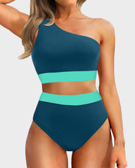Emo - One Shoulder High Waisted Bikini Sets Two Piece Swimsuit Tummy Control-Pink