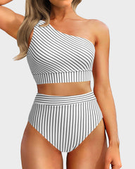 Emo - One Shoulder High Waisted Bikini Sets Two Piece Swimsuit Tummy Control-Pink