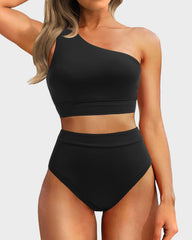 Emo - One Shoulder High Waisted Bikini Sets Two Piece Swimsuit Tummy Control-Pink