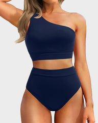 Emo - One Shoulder High Waisted Bikini Sets Two Piece Swimsuit Tummy Control-Pink