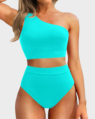 Emo - One Shoulder High Waisted Bikini Sets Two Piece Swimsuit Tummy Control-Pink
