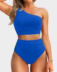 Emo - One Shoulder High Waisted Bikini Sets Two Piece Swimsuit Tummy Control-Pink
