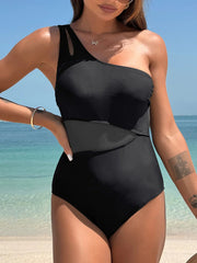 Emo - Women's One Piece Swimsuits Tummy Control Mesh Patchwork Bathing Suit One Shoulder Adjustable Straps