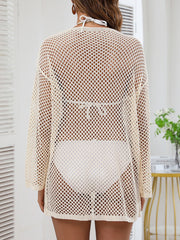 Women Bathing Suit Cover Up Slit Hem V Neck Long Sleeve Crochet Knit Hollow Out Swimwear Swimsuit Beach Mini Dress