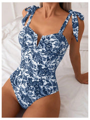 Emo - Women's One Piece Swimsuits Tummy Control Bathing Suits V Neck Boho Tie Shoulder Ruched Full