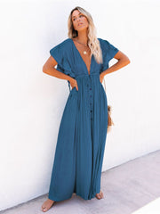 Women Beach Cover Up Dress V Neck Button Drawstring Short Sleeve Dress