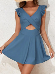 Emo - Women's One Piece Swimsuit Ruffle Cutout Swimdress Tummy Control V Neck Wrap Swimwear