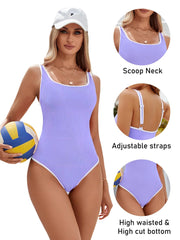 Emo - Women's One Piece Swimsuit Sports Adjustable Strap Bathing Suit Color Block Ribbed High Cut Swimsuits