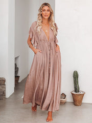 Women Beach Cover Up Dress V Neck Button Drawstring Short Sleeve Dress
