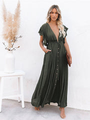 Women Beach Cover Up Dress V Neck Button Drawstring Short Sleeve Dress